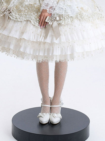 Ruffles Bow Elegant - White at Heel Shoes Top Trim High