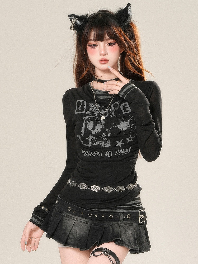 Drucken Sie Buchstaben lange schwarze Ärmel und bittersüßes Top Cartoon