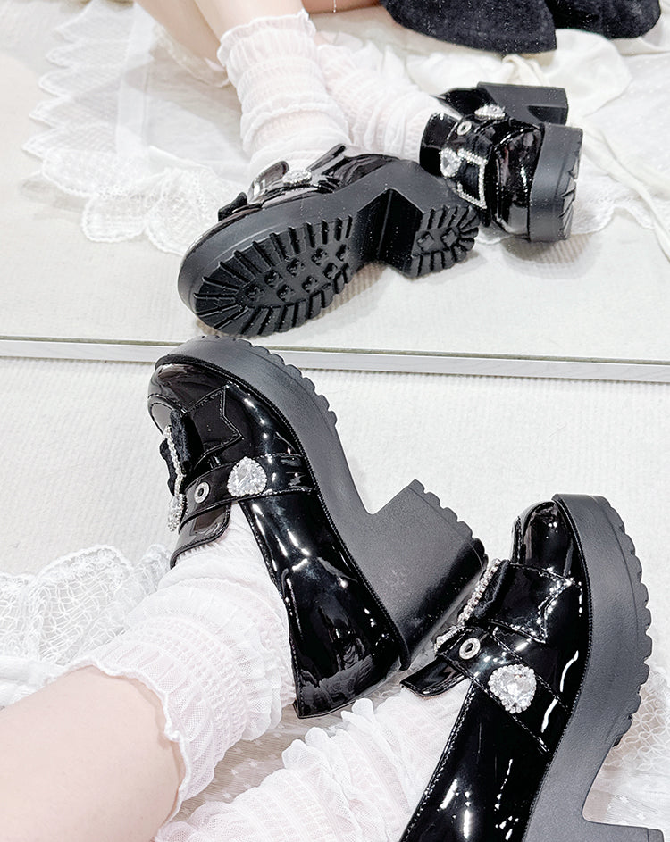 Polished Black Heart-Shaped Rhinestones Platform Lolita Shoes Slipons