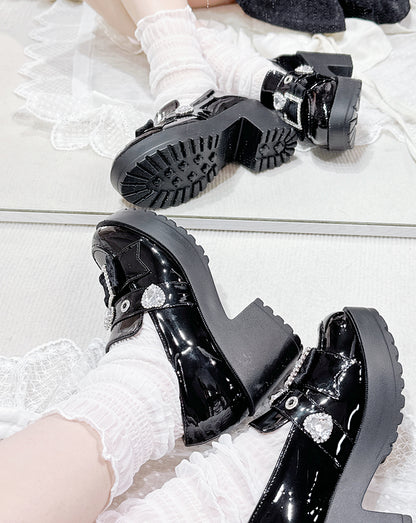 Polished Black Heart-Shaped Rhinestones Platform Lolita Shoes Slipons