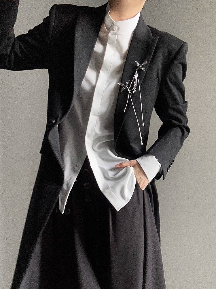 Cheongsam Style Silver Bird Brooch with Chains & Bottom Bead Embellishments