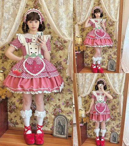 Kleid mit kariertem Lolita-Kragen, Peter-Muster, Erdbeer-Pfanne, süße rosa Schürze