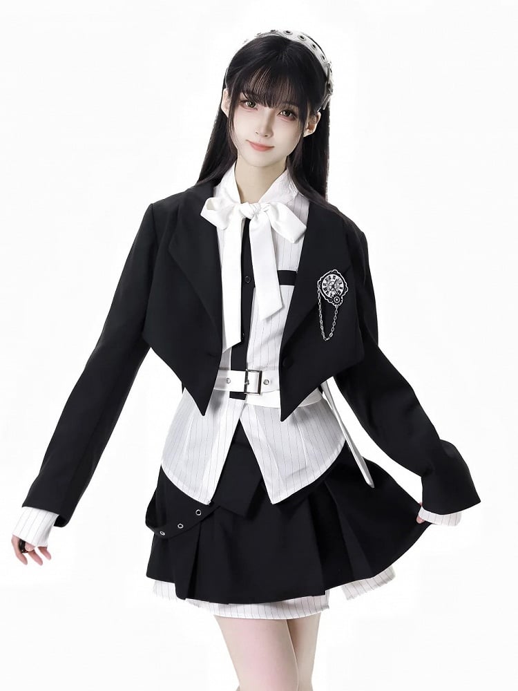 ブラックボックスプリーツスカート ホワイトストライプ パッチワークデザイン