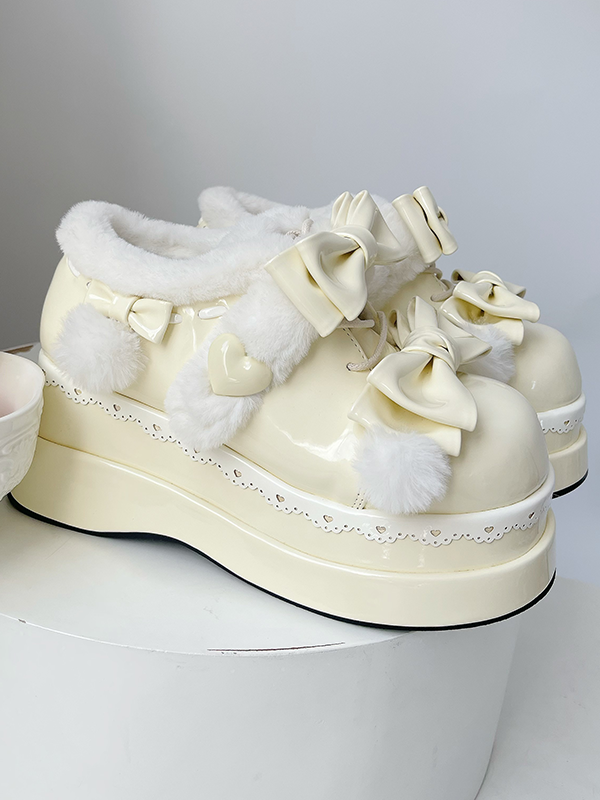 Lolita Creamy Yellow Cute Heart Bow Platform Shoes with Pompons