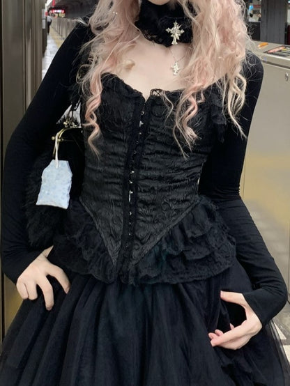 Embossed Lace-Up Back with Jacquard Lace Black/White Top Sleeve Frill Long