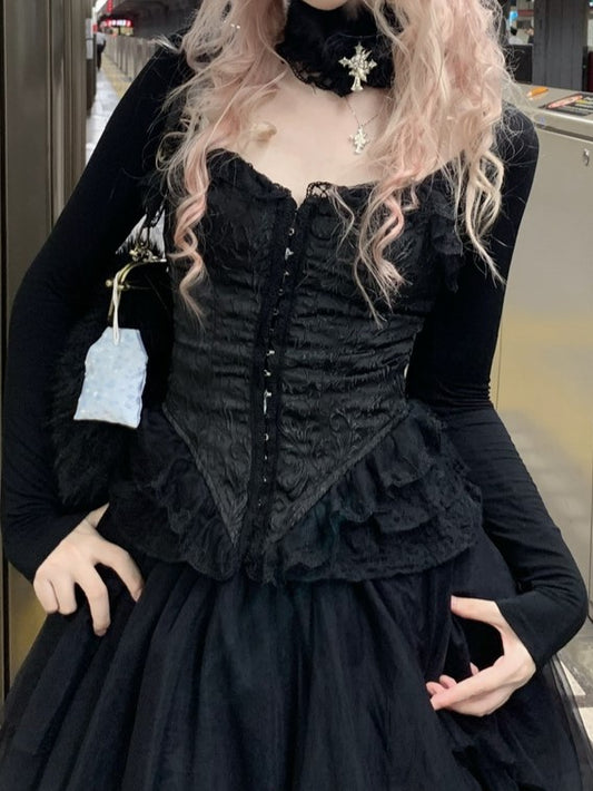 Embossed Lace-Up Back with Jacquard Lace Black/White Top Sleeve Frill Long