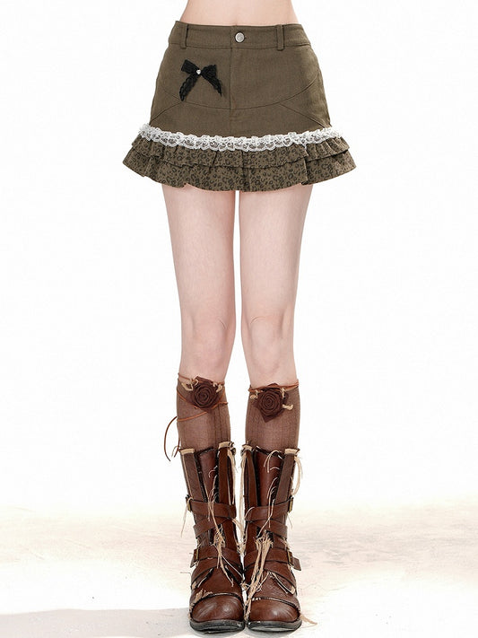 Print Leopard und mit Rock Saum Schleife Braun Rüschen Mini Detail