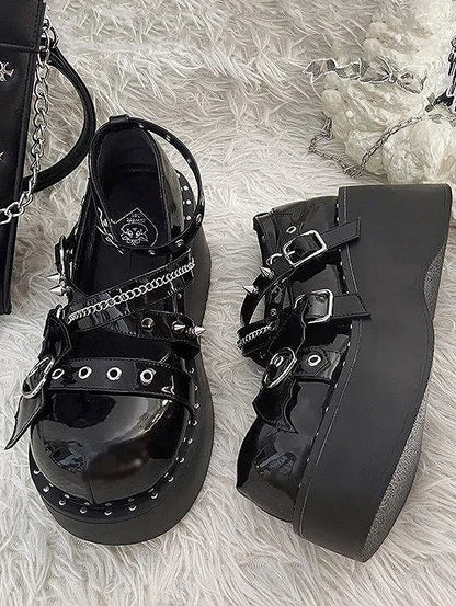 Gothic Black 4.5cm/7cm Platform Shoes with Bat Accents & Crisscross Straps