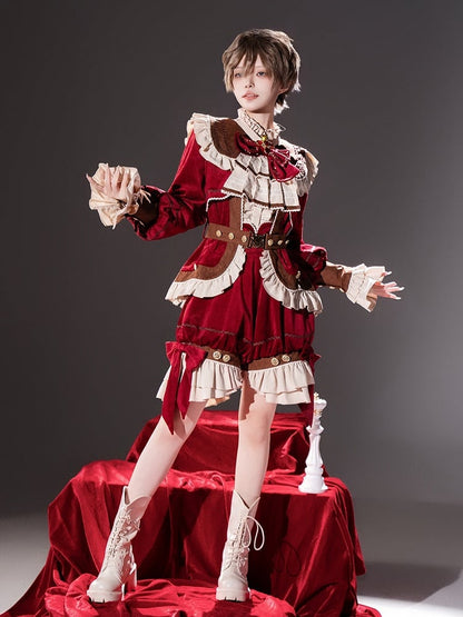 Pieces Set-Beige Ouji Aristocrat Lolita Waist Fashion Red Shirt+Coat+High Christmas Three Shorts