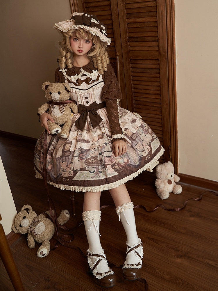 Sweet Creamy Little Print Bear Coffee Jumper Lolita House Skirt