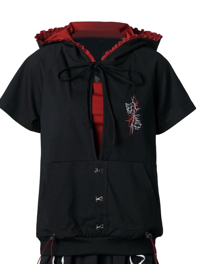 Cute Black Hooded Crop Top with Red Strappy Tube Undergarment Set