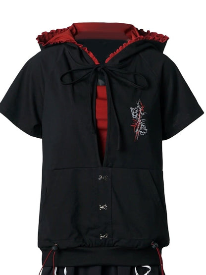 Cute Black Hooded Crop Top with Red Strappy Tube Undergarment Set