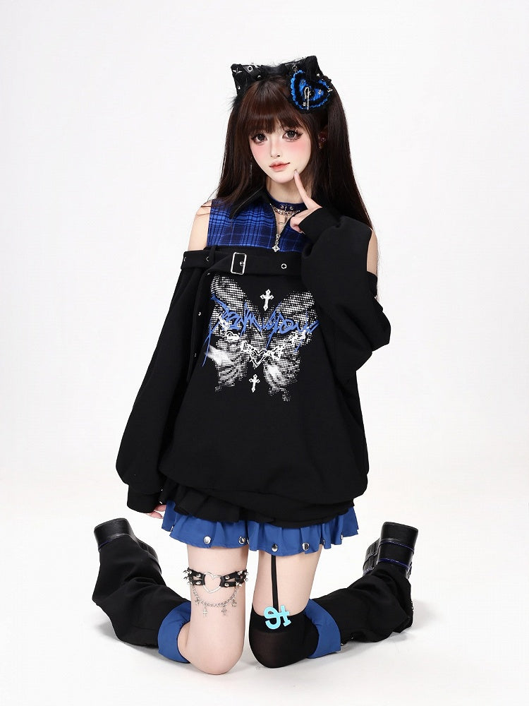 Hot Girl Style Cold Shoulder Sweatshirt with Pixel Butterfly Print in Blue and Black Plaid Faux Two-Piece - CRAZY GIRL
