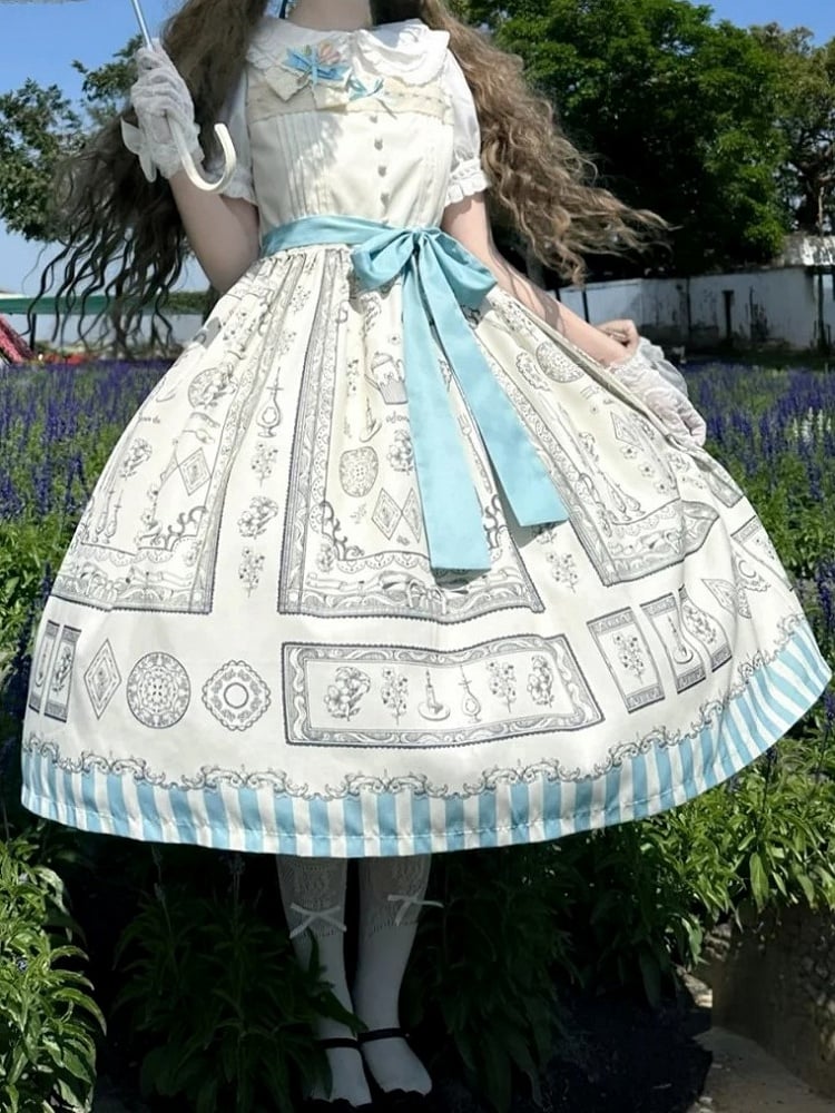 Classic Square Elegant Neckline Apricot Lolita with Print Dress