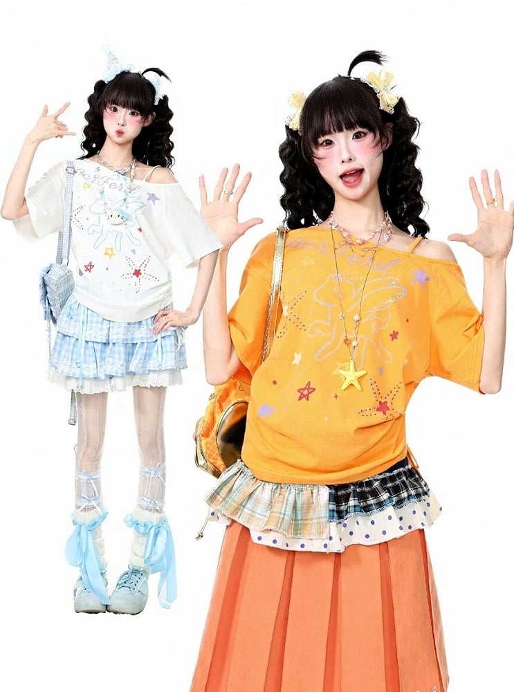 Orange Pegasus Print Asymmetric Shoulder T-Shirt with Rhinestone Details - Languid Park