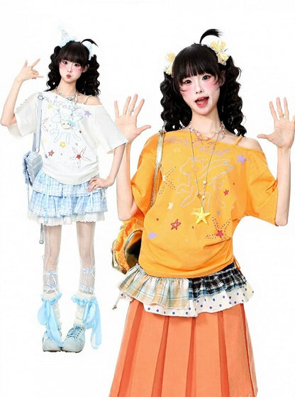 Orange Pegasus Print Asymmetric Shoulder T-Shirt with Rhinestone Details - Languid Park