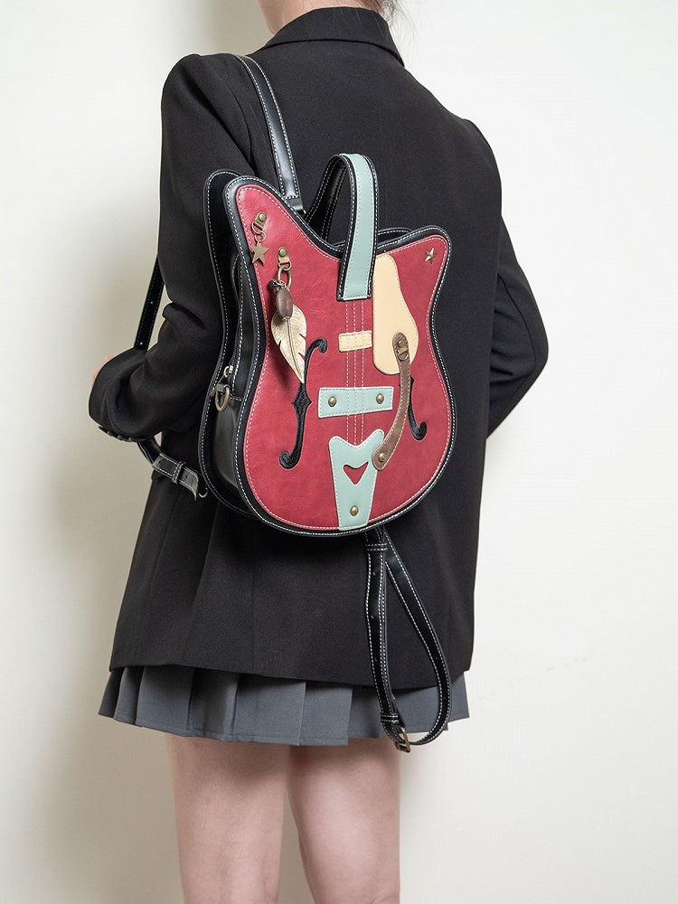 Guitar-Shaped 2-Way Chain Red With Tote Metal Bag Feather Vintage Accents