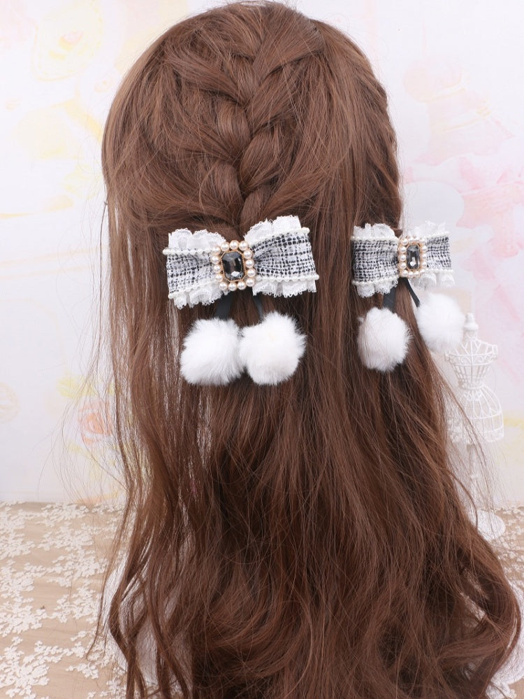 Tweed 5 Color Options With Hairclip Rhinestone Bowknot Jirai Pom-Poms Kei