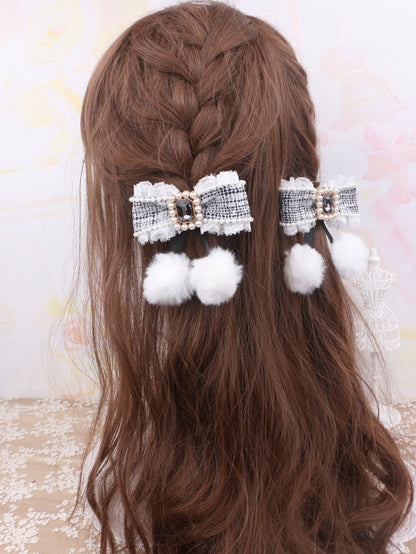 Tweed 5 Color Options With Hairclip Rhinestone Bowknot Jirai Pom-Poms Kei