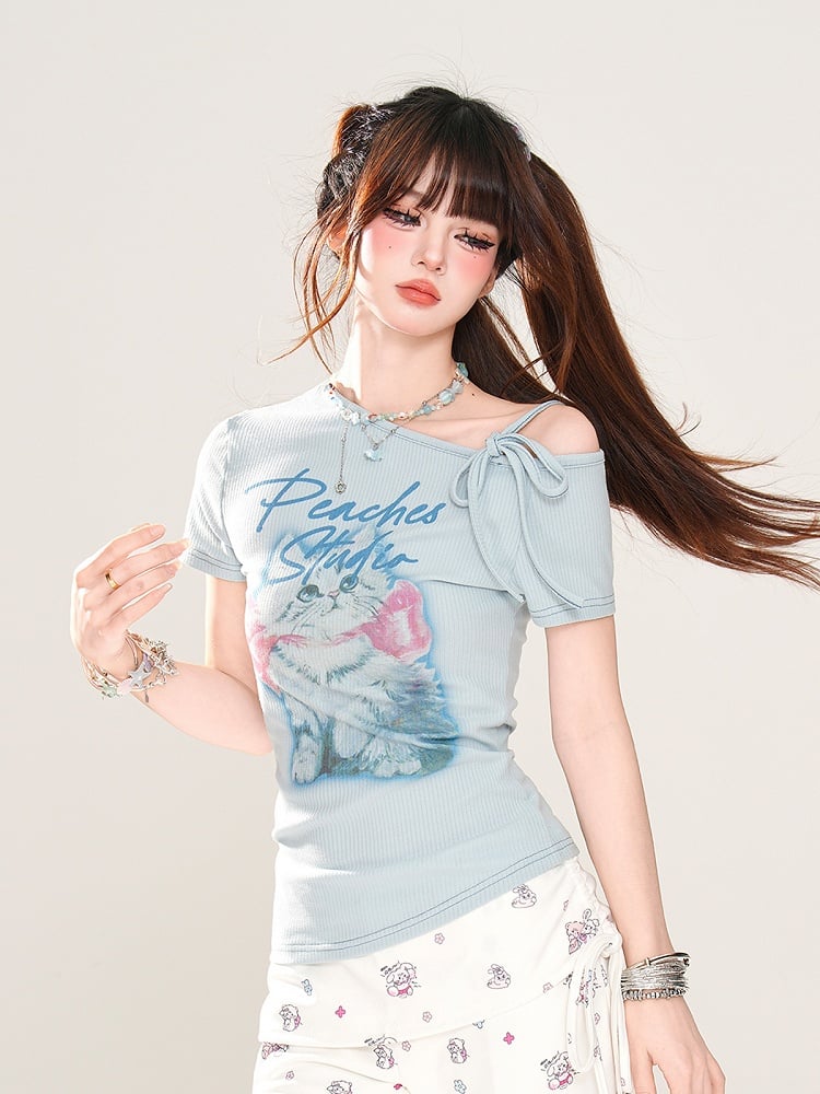 Entzückendes Kätzchen-Print Blau/Weiß T-Shirt Asymmetrischer Ausschnitt Glamourös