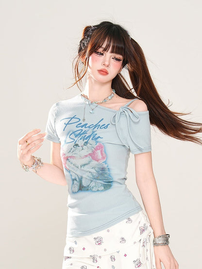 Entzückendes Kätzchen-Print Blau/Weiß T-Shirt Asymmetrischer Ausschnitt Glamourös