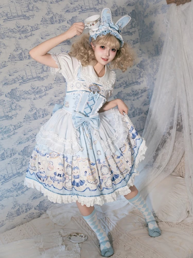 Blau Alice Bunny Lolita Kleid Print Uhr Süße und