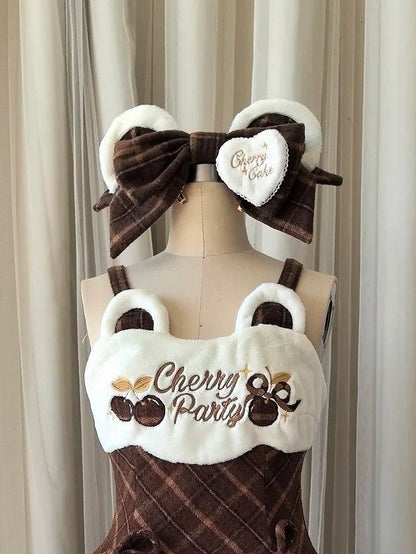 Accent Bear Brown/Blue with Hairclip Plaid Sweet Ear Lolita Heart-Shaped
