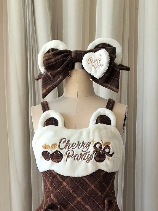 Accent Bear Brown/Blue with Hairclip Plaid Sweet Ear Lolita Heart-Shaped