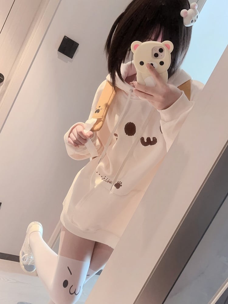 Hoodie Front Pouch with Themed Print Cat Pocket Off-white