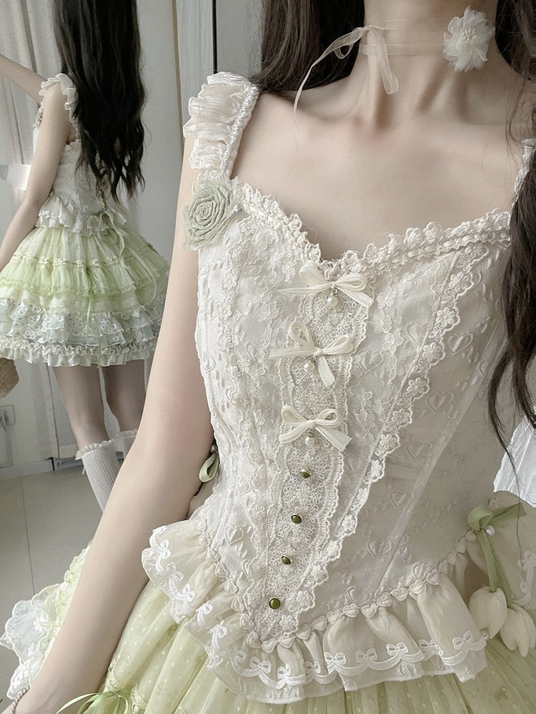 アイボリービーズディテールファブリックハートコルセットジャカードボーントップ