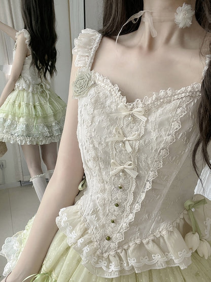 アイボリービーズディテールファブリックハートコルセットジャカードボーントップ