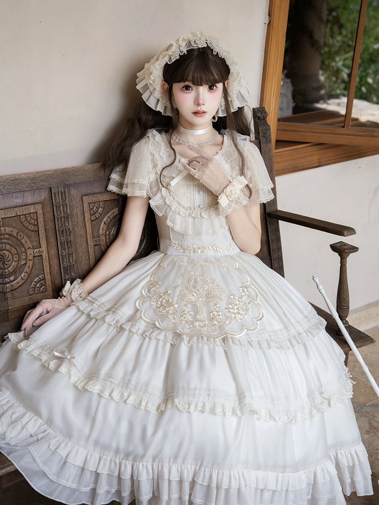 Beige Dots Tulle Flutter Sleeve Lolita Dress - Green Castle