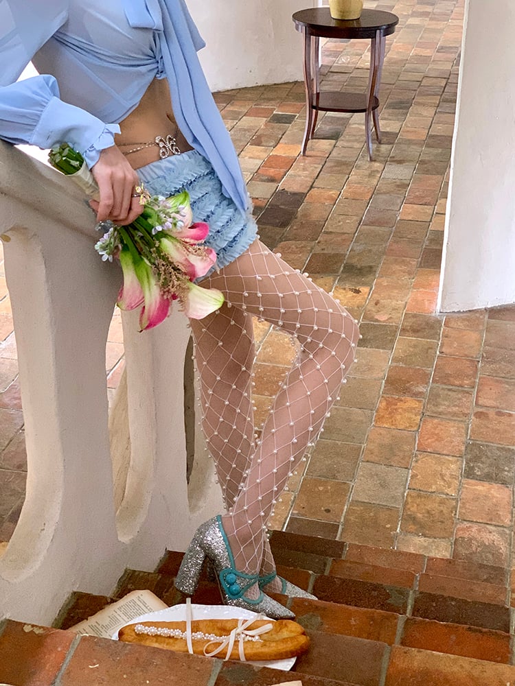 with Decoration Fishnet Bead Tights Black/Pink/White