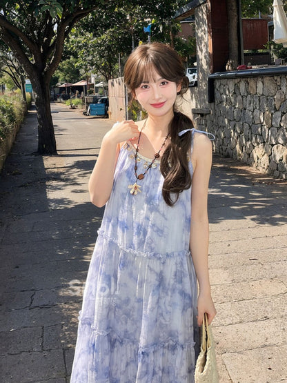 Shell Charm Neckline Dye Tassel Hem Tie Dress Loose Slip Blue Chiffon