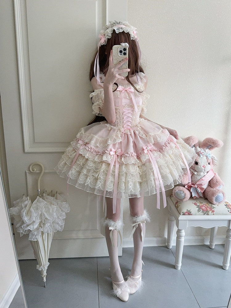 / Multi-Layer Ballet-Style Large Cute Only JSK Dress with Lace Train + Skirt Bow Details Pink Princess Ribbon