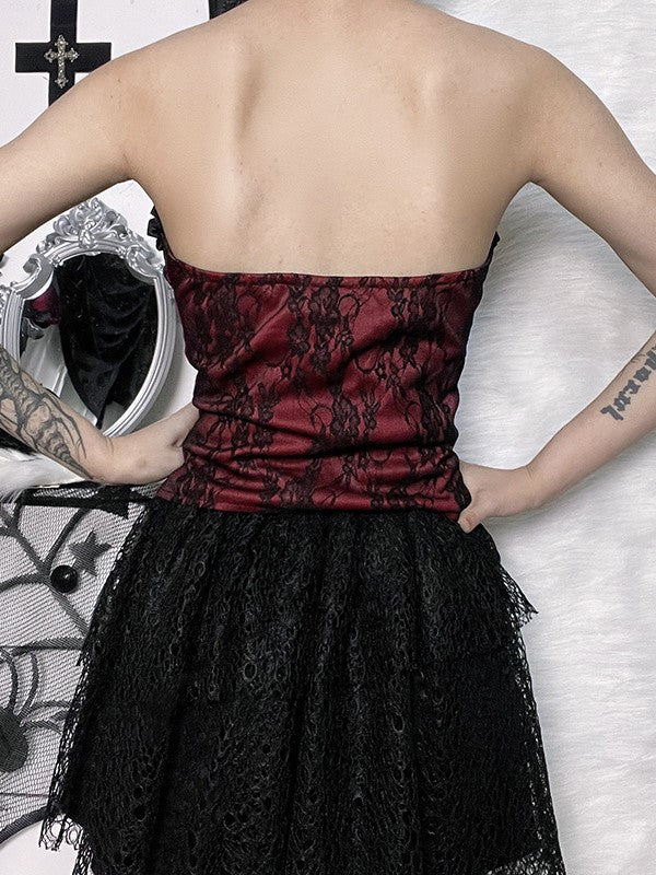 Halloween Gothic Red Ribbon Corset Floral Bow Top Detail Black Embroidery with