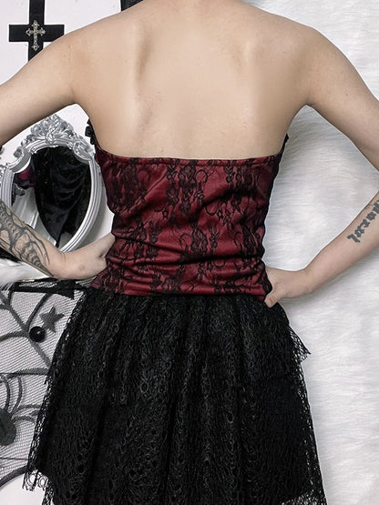 Halloween Gothic Red Ribbon Corset Floral Bow Top Detail Black Embroidery with