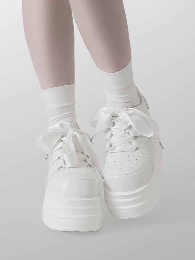 Lace-up Kei Platform White Closure Sneakers Jirai PU Design