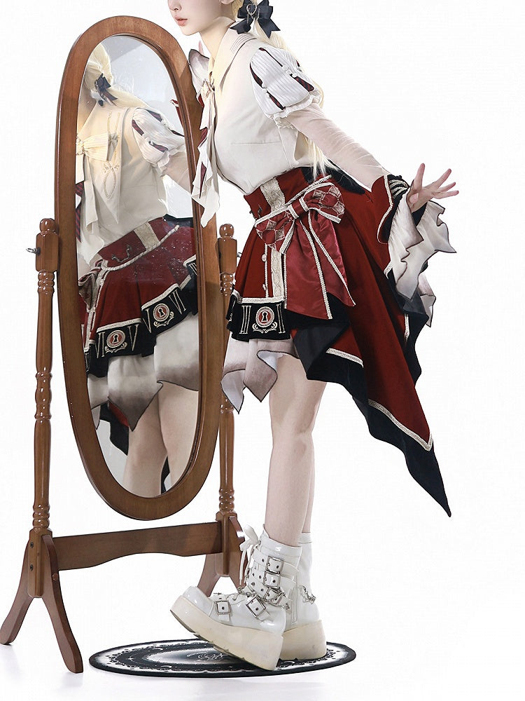 Red Black Juliette Sleeves Preppy Lolita Blouse Asymmetric Skirt Set - Unknown Star