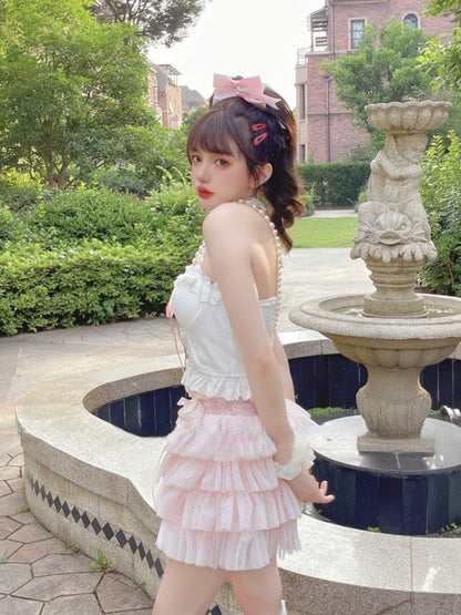 Gepunkteter Puff-Tupfen-Stufenrock mit Satinschleife in Rosa