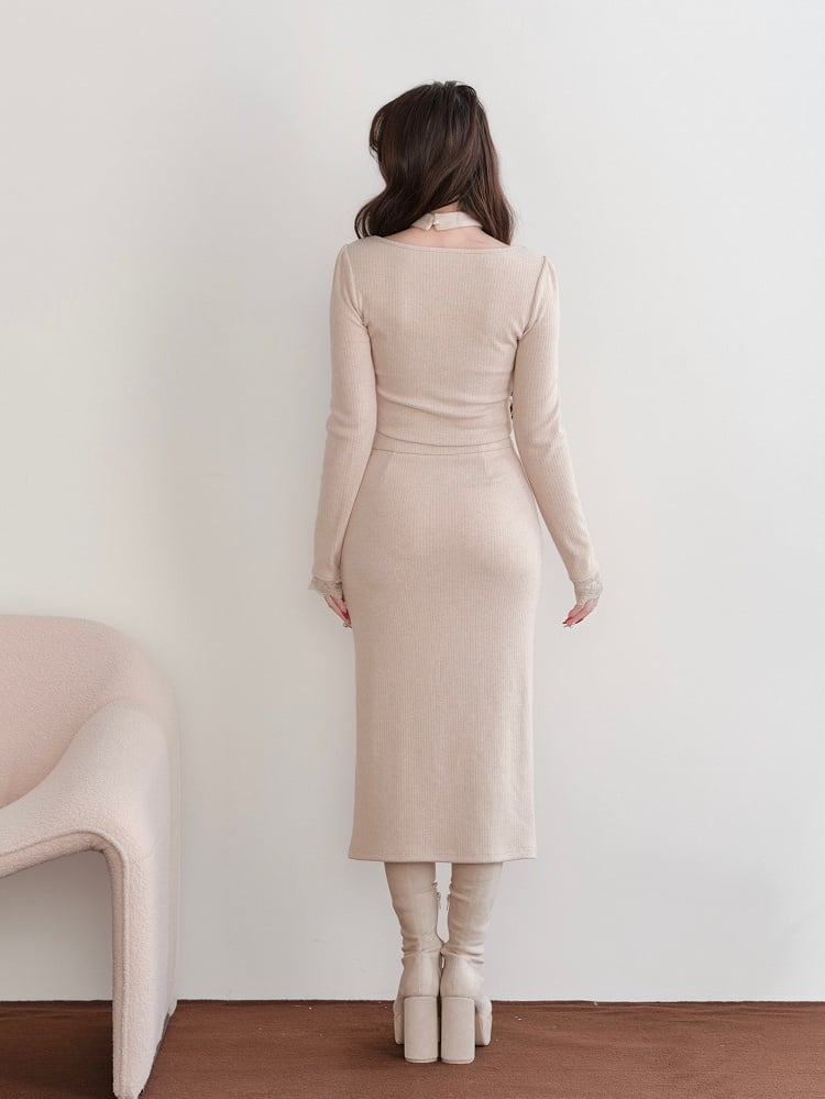 + Slit - Two-Piece Jirai Square Skirt Top Lace Set Choker Beige Neck Design Kei Accent Bow