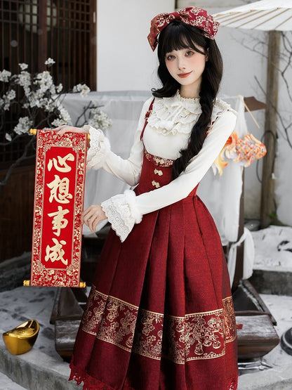 New Boned Red Chinoiserie Version Dress Under Year Lolita Long Waist Bust Gold