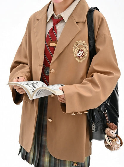 ブラウンのプレッピーファッションバッジブレザー刺繍JKユニフォームヴィンテージミラード