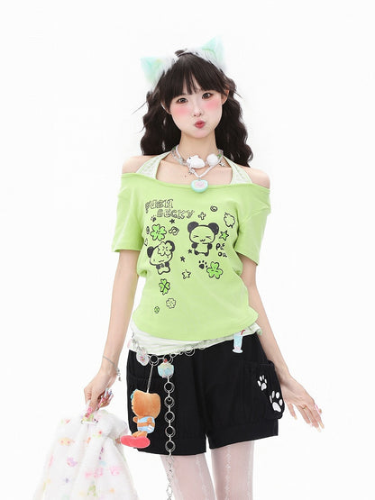 ShoulderAdorable Faux Cutout with Panda Print Black/Green Two-Piece T-shirt