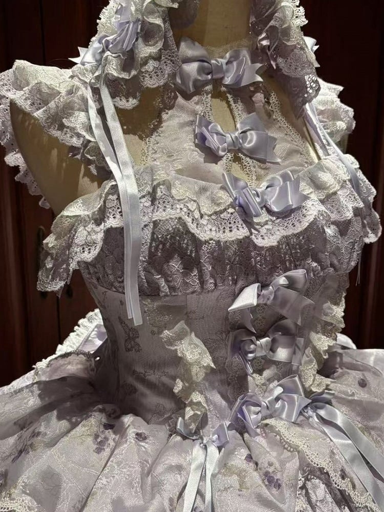 Hime Lolita Purple Dress Bows Halter with Lace Multiple Floral Neck Print Ruffles and