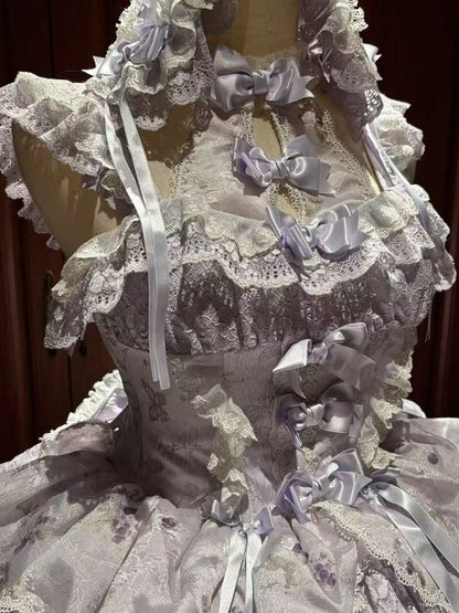 Hime Lolita Purple Dress Bows Halter with Lace Multiple Floral Neck Print Ruffles and