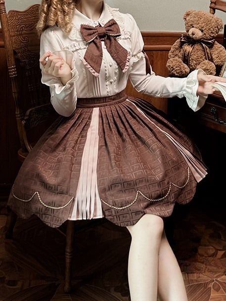 Skirt Sweet Scalloped Chocolate Lolita Brown Pleating Details with Edge Trim