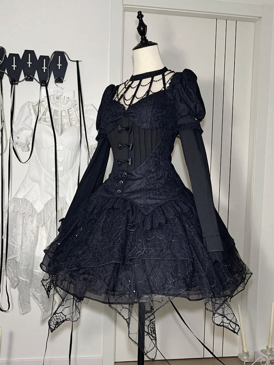 All Sleeves Detachable Embroidery Short Gothic Top Hallow Spider + Black Overlay Lolita Out Collar Web Skirt