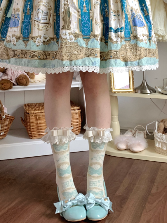 Color Pattern Socks + Cuff Butterfly 5 Detachable Bow Options Lace Calf