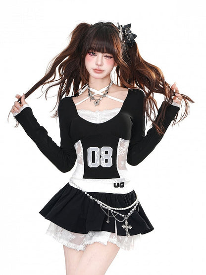 ブラックの太もも丈レースティアードパフィースカート